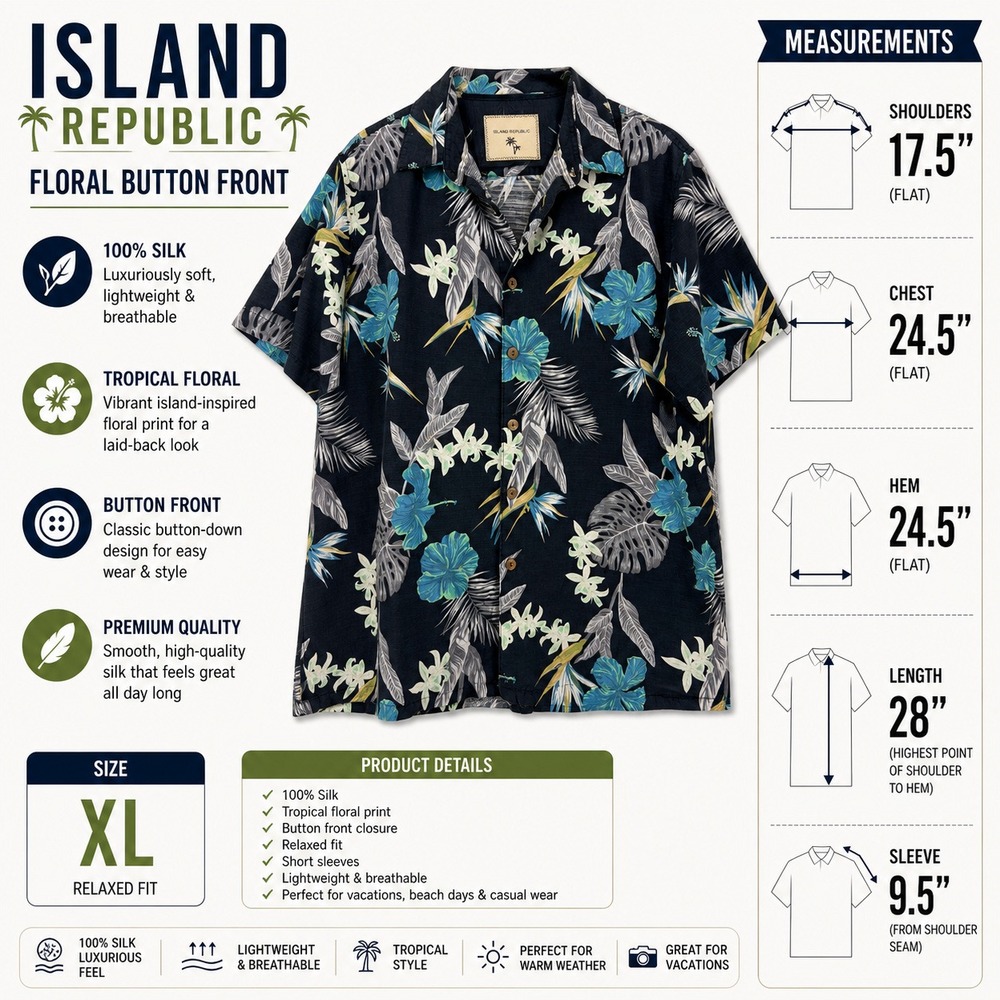 Island‎ Republic Mens XL Silk Tropical Floral Hawaiian Camp Shirt Blue Black - Picture 2 of 10